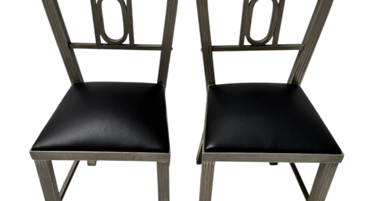 Two French Art Deco Side Chairs with Black Leather Seats, 1930s
